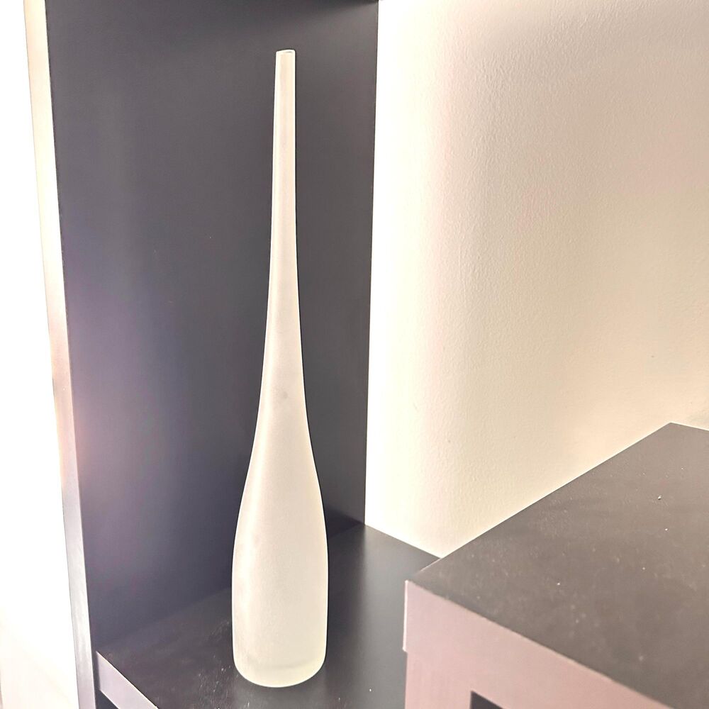 Frosted Glass Spire Bottle Vase Hand Blown Mid Century Modern Long Neck 16 Inch - Picture 6 of 16